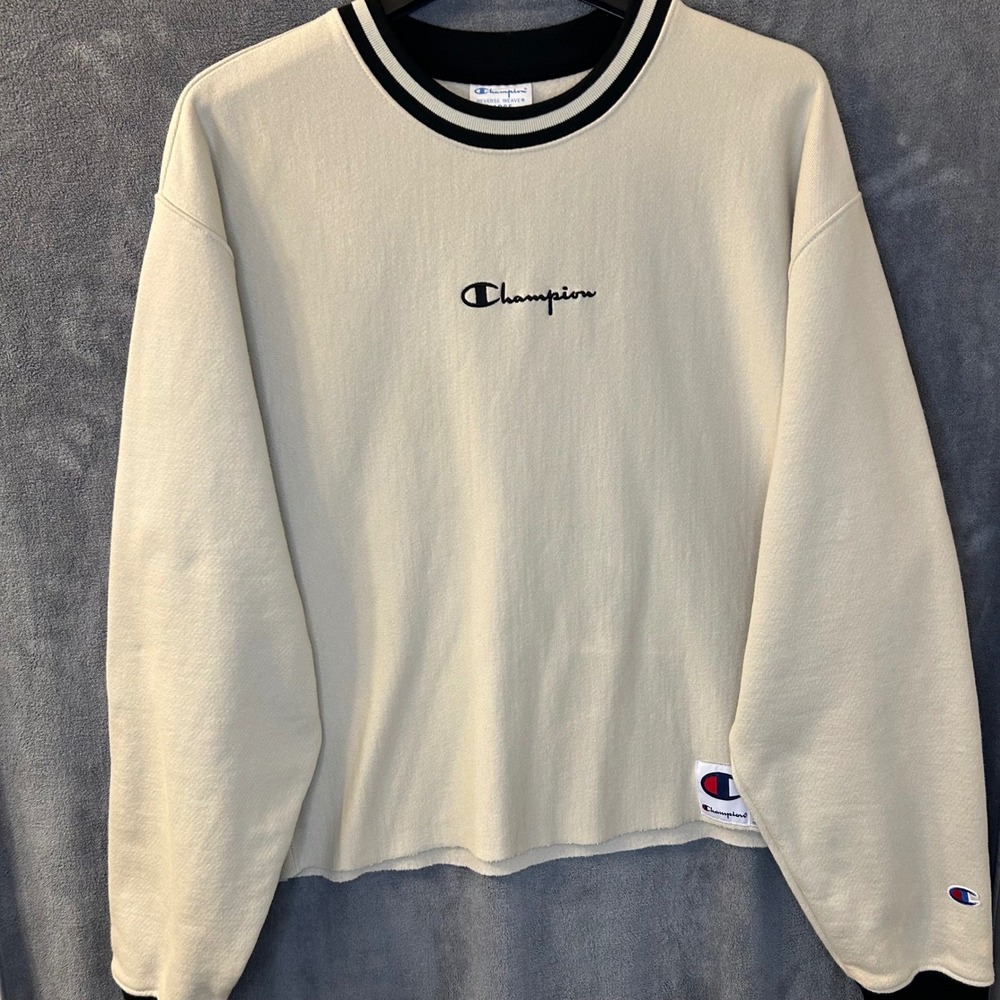 VTG Champion Reverse Weave Mens Large Sweatshirt Cropped Cream Ringer